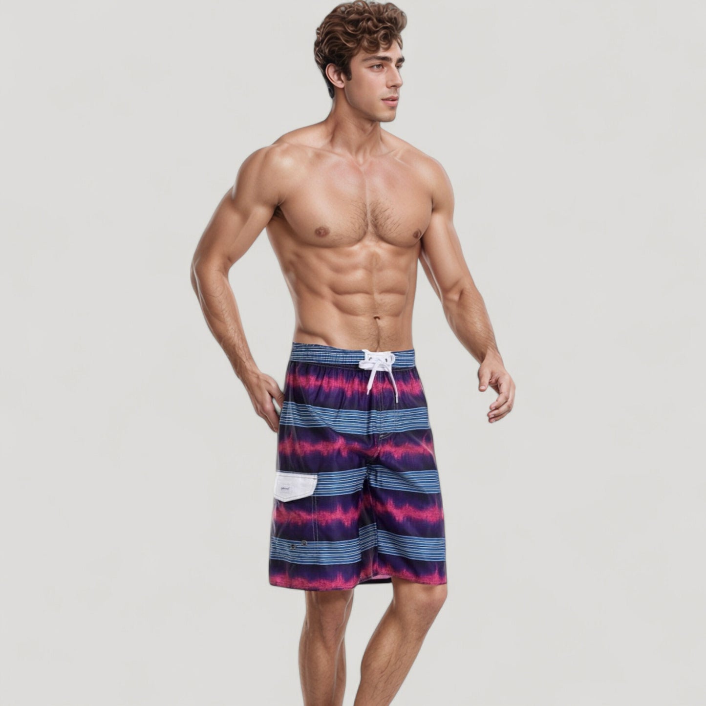 Men's Vibrant Stripe Swim Trunks with Wave-Inspired Pattern and Drawstring Waistband in Quick-Dry Fabric