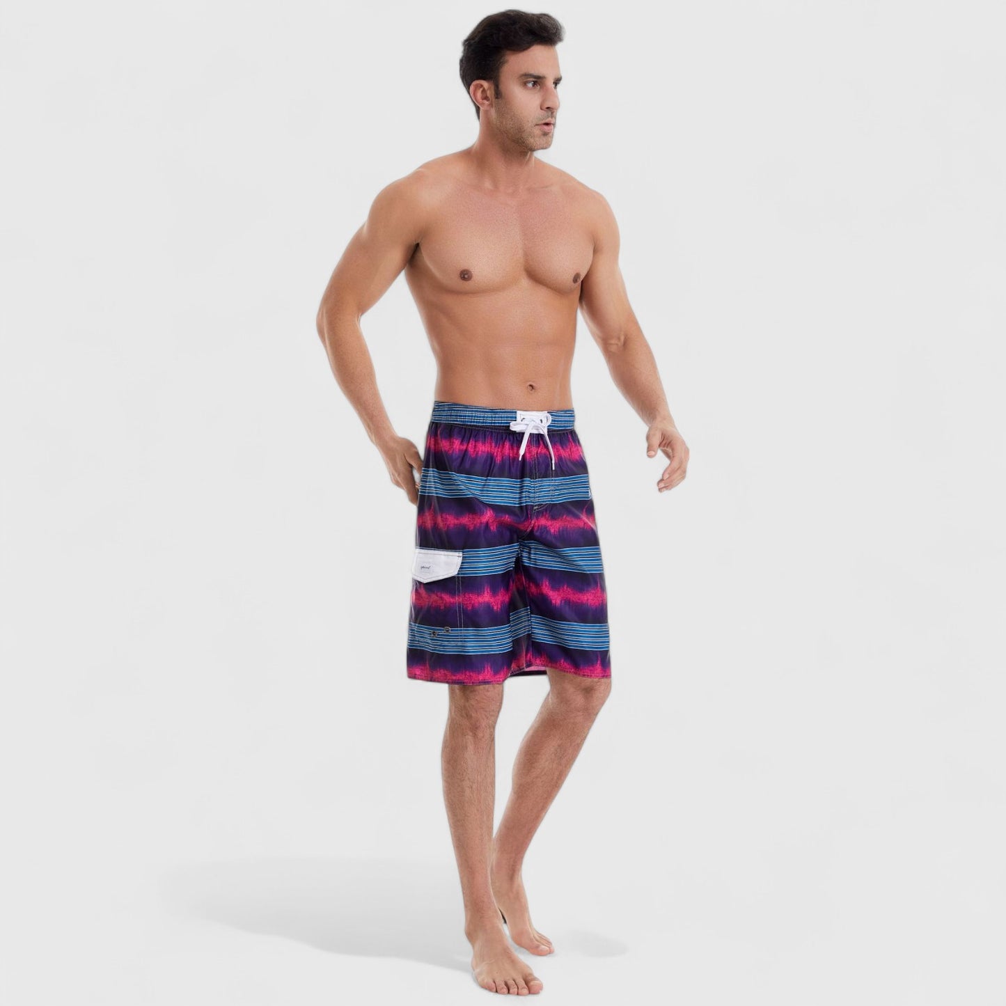 Men's Vibrant Stripe Gradient Swim Shorts with Drawstring Waist and Side Cargo Pocket