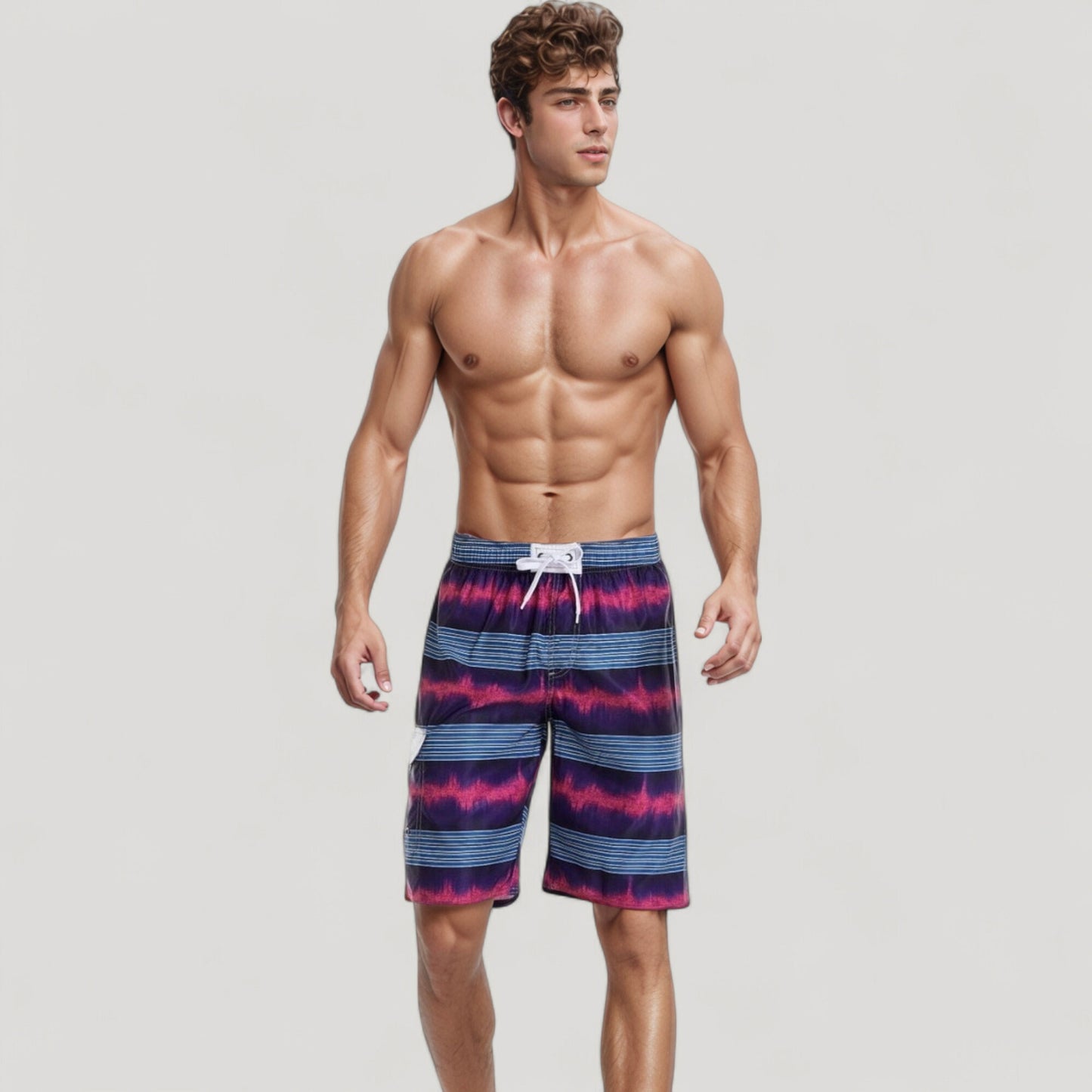 Men's Vibrant Stripe Swim Trunks with Wave-Inspired Pattern and Drawstring Waistband in Quick-Dry Fabric