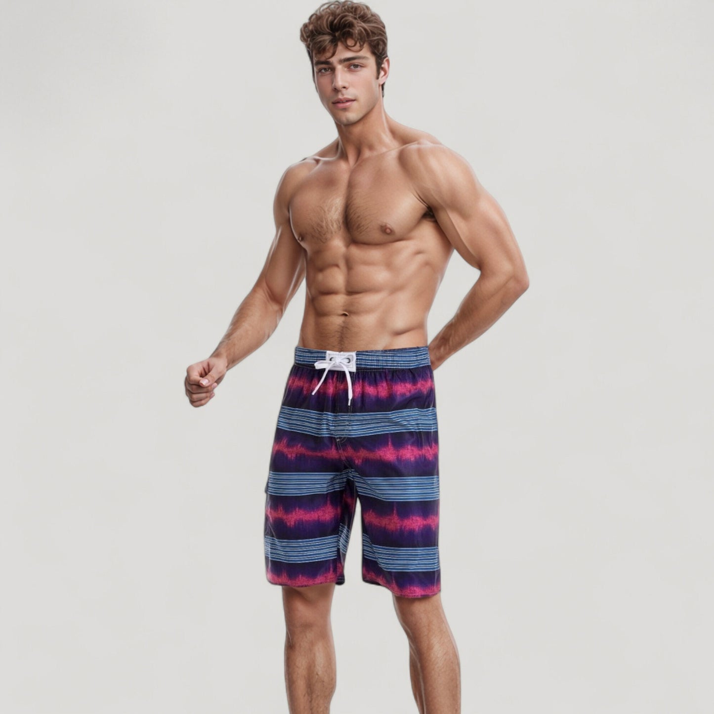 Men's Vibrant Stripe Swim Trunks with Wave-Inspired Pattern and Drawstring Waistband in Quick-Dry Fabric