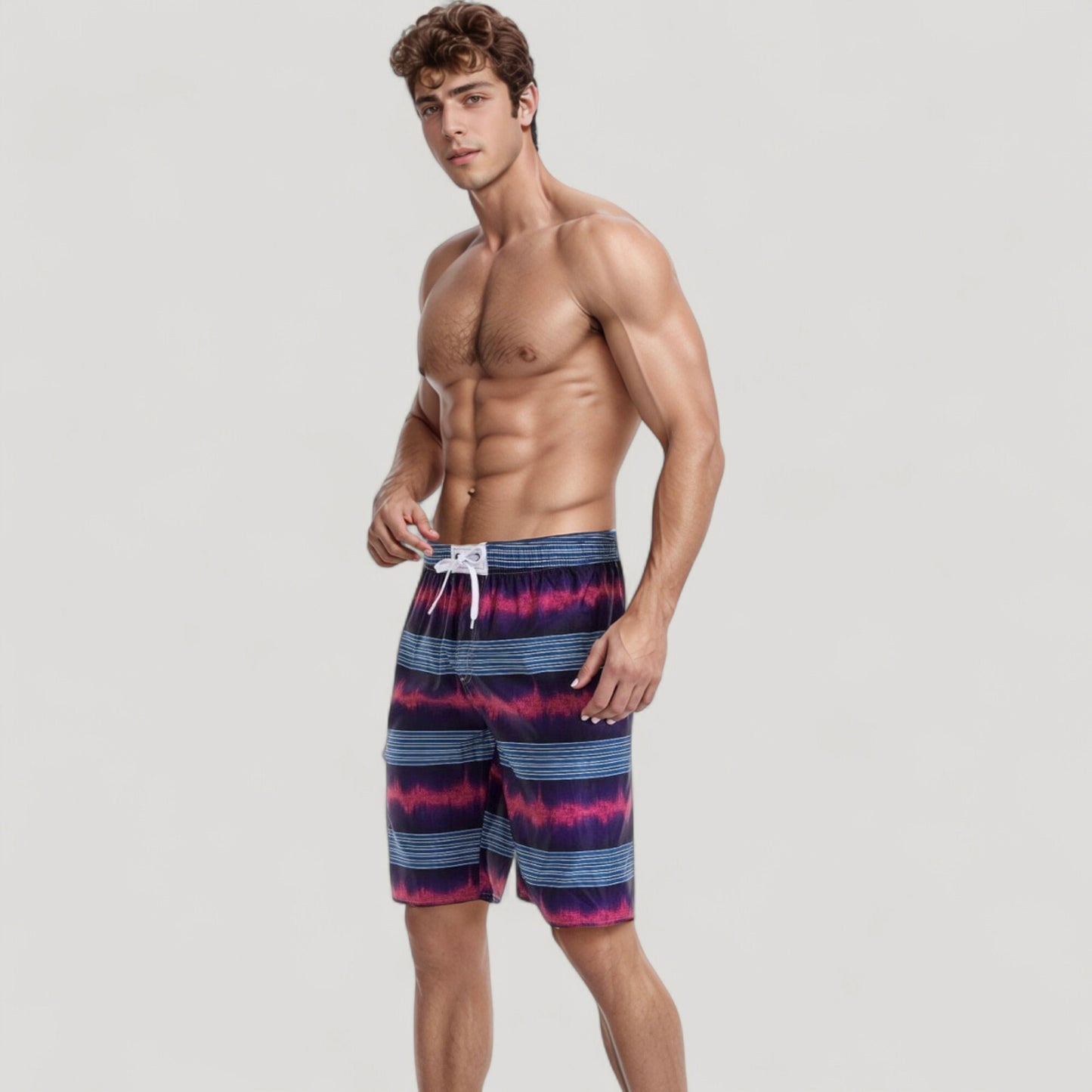 Men's Vibrant Stripe Swim Trunks with Wave-Inspired Pattern and Drawstring Waistband in Quick-Dry Fabric