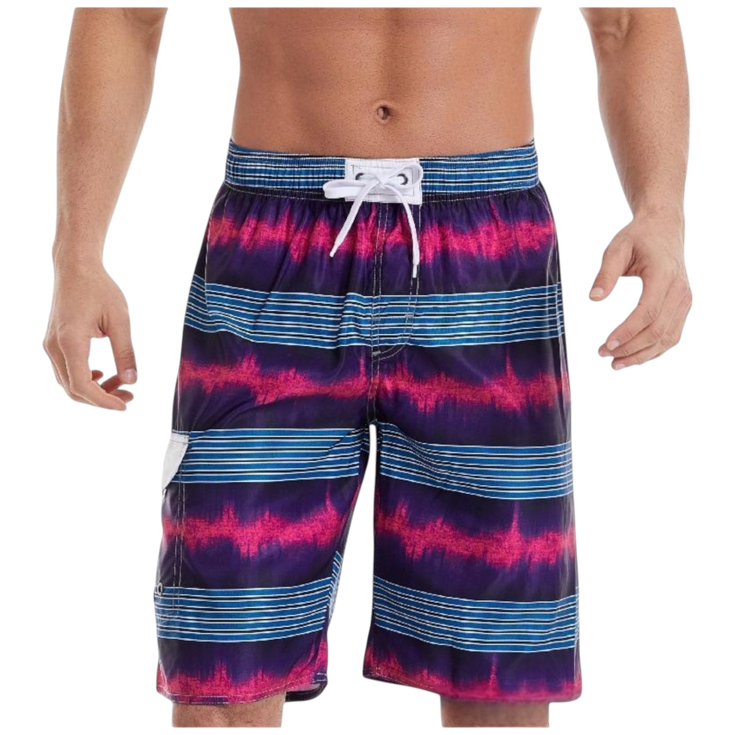 Men's Vibrant Stripe Gradient Swim Shorts with Drawstring Waist and Side Cargo Pocket