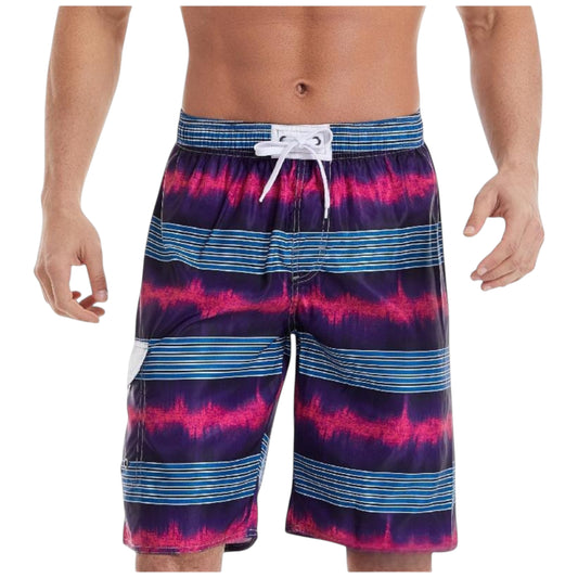 Men's Vibrant Stripe Gradient Swim Shorts with Drawstring Waist and Side Cargo Pocket