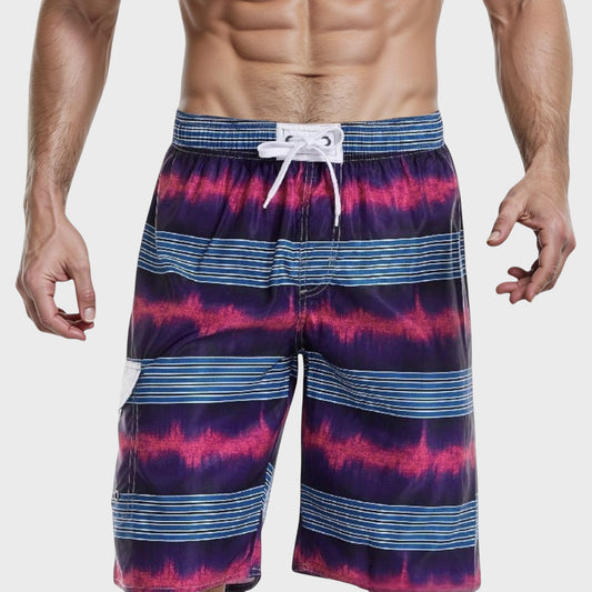 Men's Vibrant Stripe Swim Trunks with Wave-Inspired Pattern and Drawstring Waistband in Quick-Dry Fabric