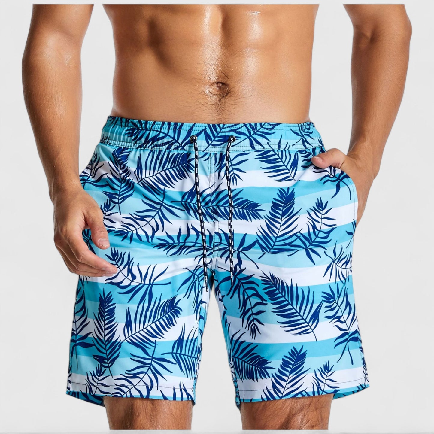 Men's Palm Leaf Print Swim Shorts with Adjustable Drawstring Waist