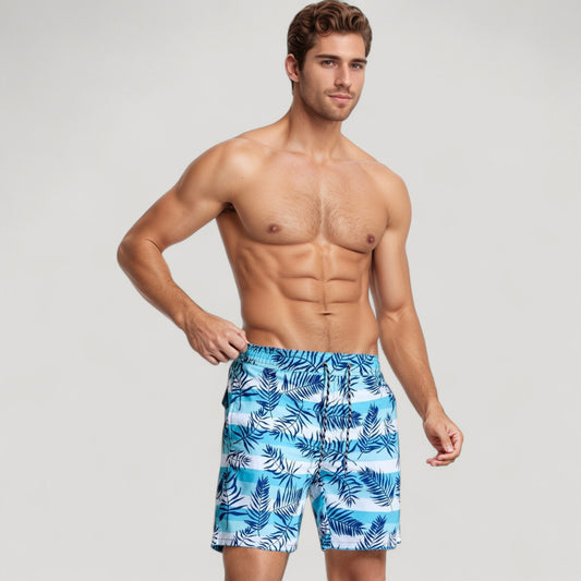 Men's Tropical Leaf Print Swim Trunks with Adjustable Drawstring Waist and Quick-Dry Striped Fabric