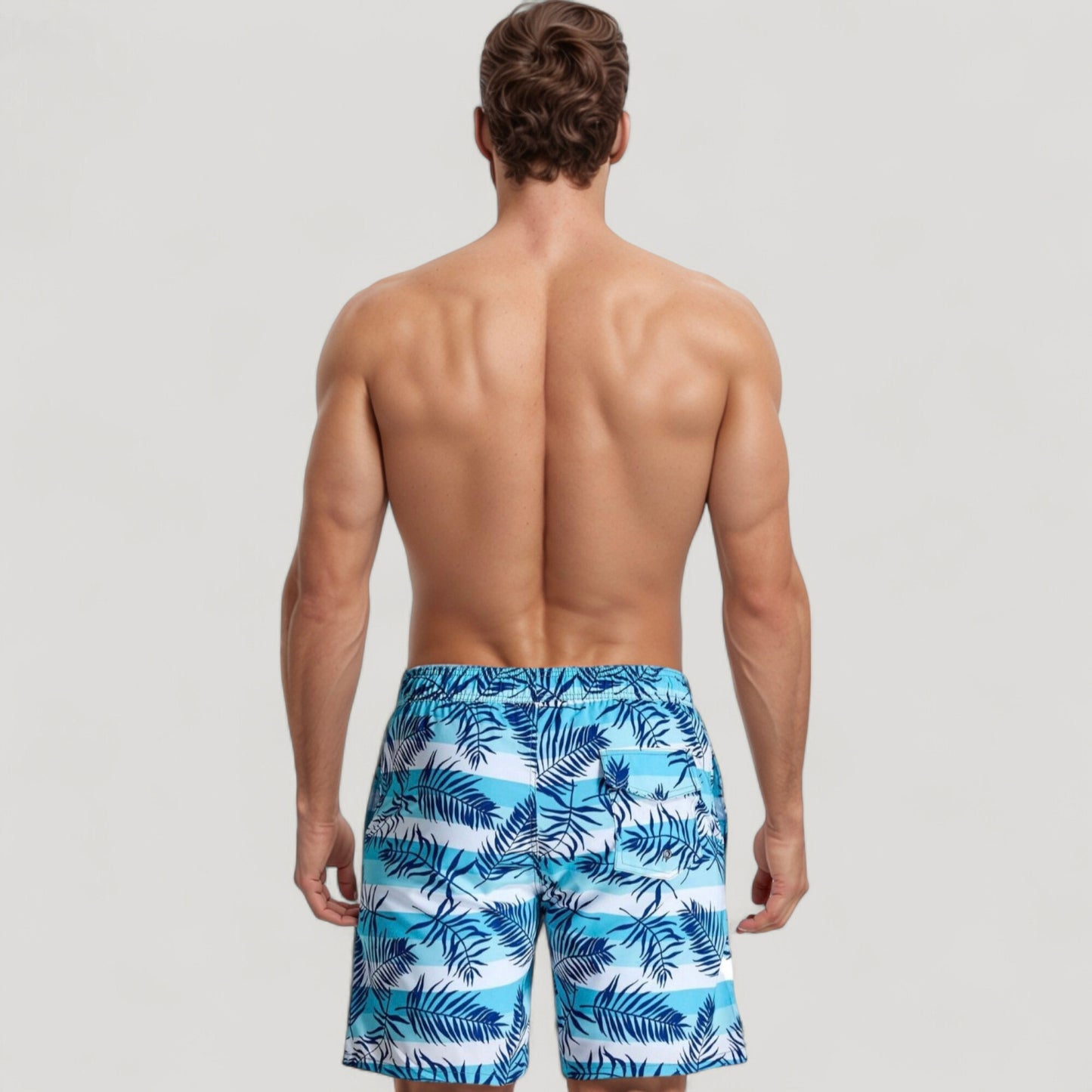 Men's Tropical Leaf Print Swim Trunks with Adjustable Drawstring Waist and Quick-Dry Striped Fabric