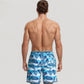 Men's Tropical Leaf Print Swim Trunks with Adjustable Drawstring Waist and Quick-Dry Striped Fabric