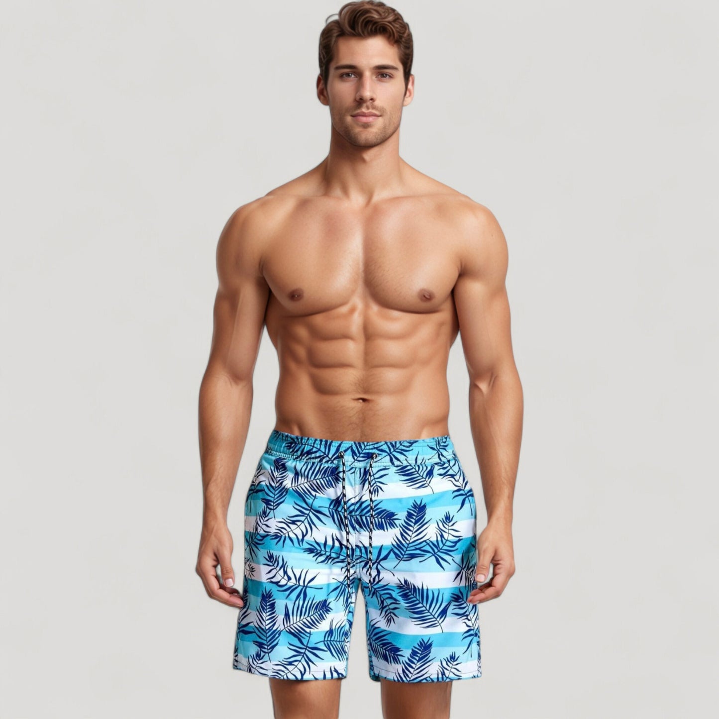 Men's Tropical Leaf Print Swim Trunks with Adjustable Drawstring Waist and Quick-Dry Striped Fabric