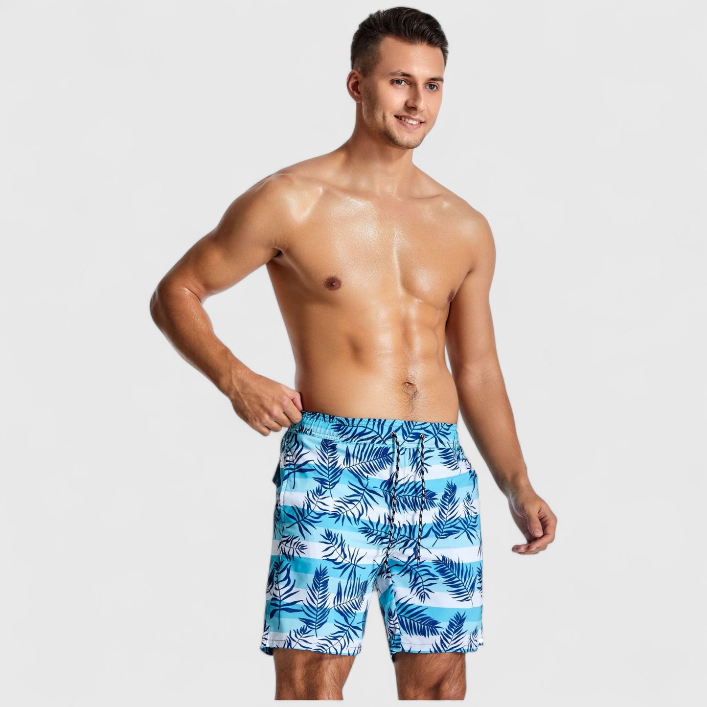 Men's Palm Leaf Print Swim Shorts with Adjustable Drawstring Waist