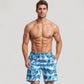 Men's Tropical Leaf Print Swim Trunks with Adjustable Drawstring Waist and Quick-Dry Striped Fabric