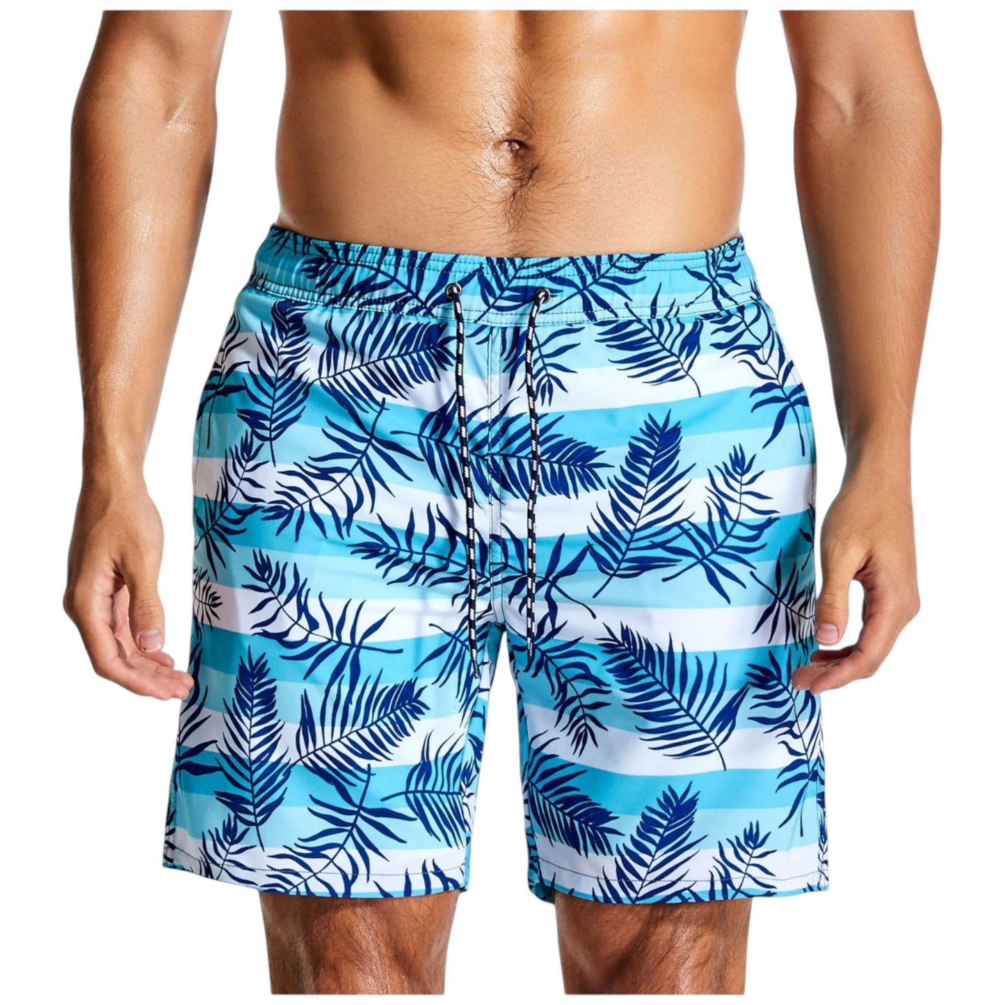 Men's Palm Leaf Print Swim Shorts with Adjustable Drawstring Waist
