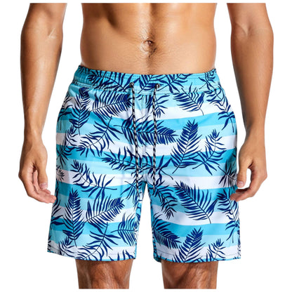 Men's Palm Leaf Print Swim Shorts with Adjustable Drawstring Waist
