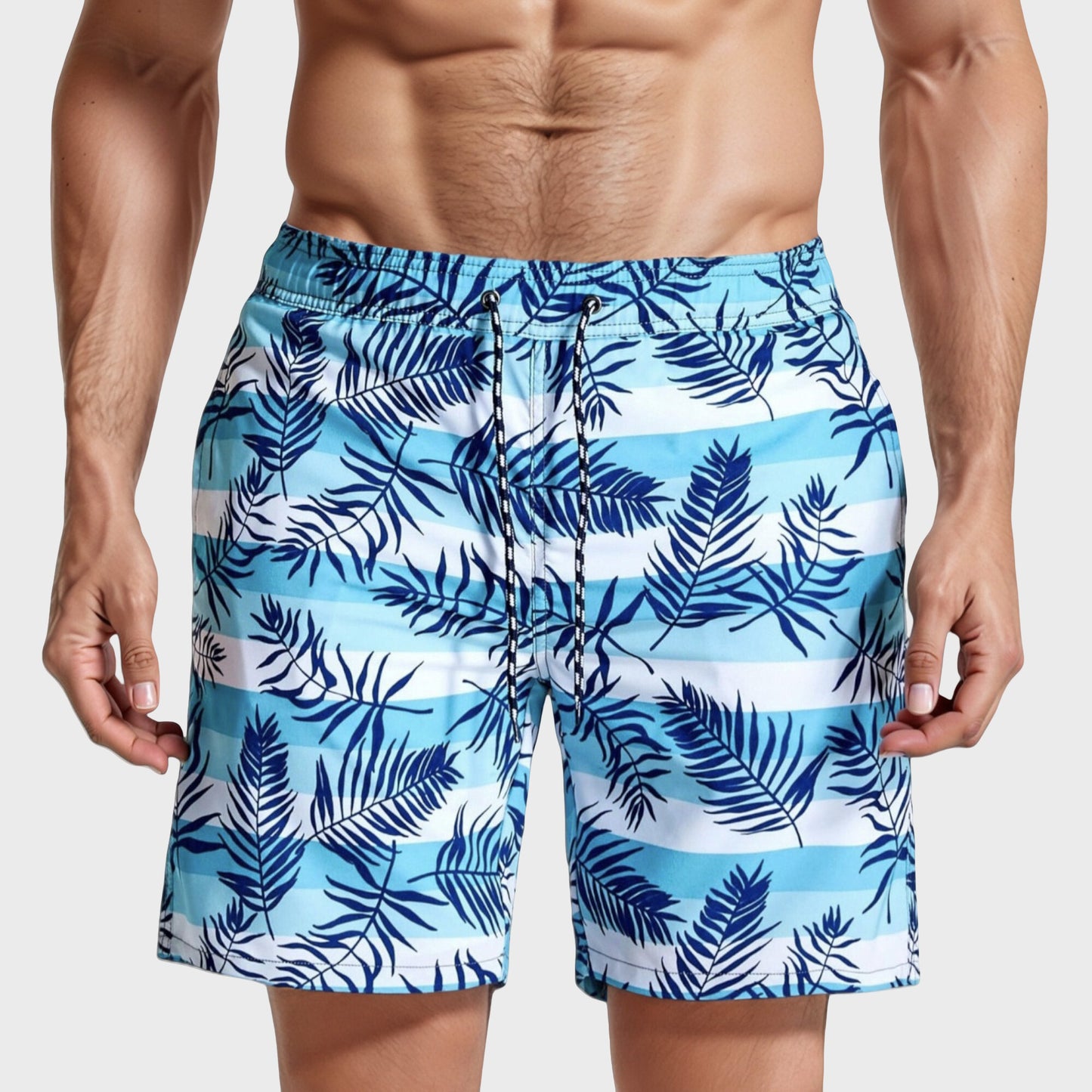 Men's Tropical Leaf Print Swim Trunks with Adjustable Drawstring Waist and Quick-Dry Striped Fabric