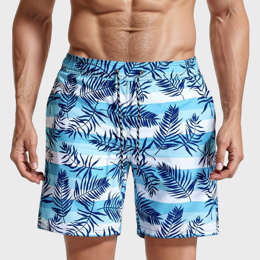 Men's Tropical Leaf Print Swim Trunks with Adjustable Drawstring Waist and Quick-Dry Striped Fabric