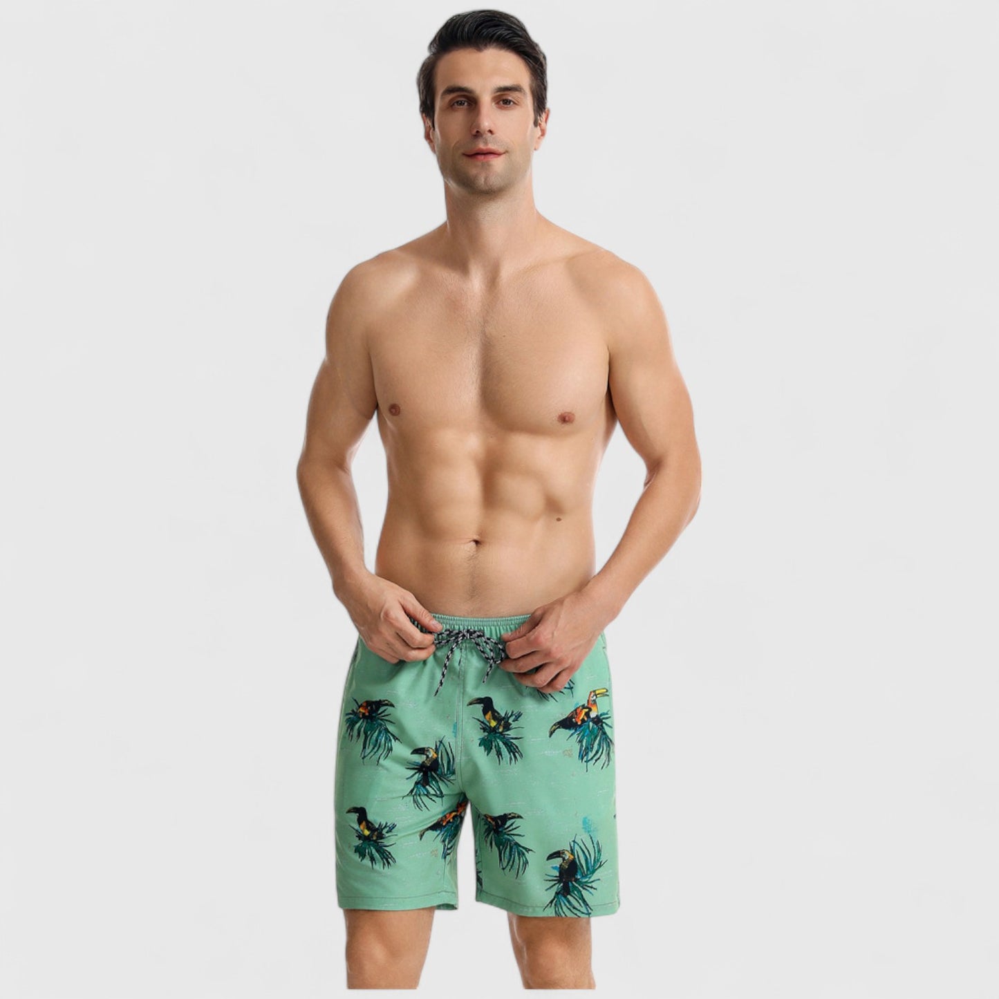 Men's Toucan Print Swim Shorts with Tropical Leaf Pattern and Adjustable Drawstring Waist