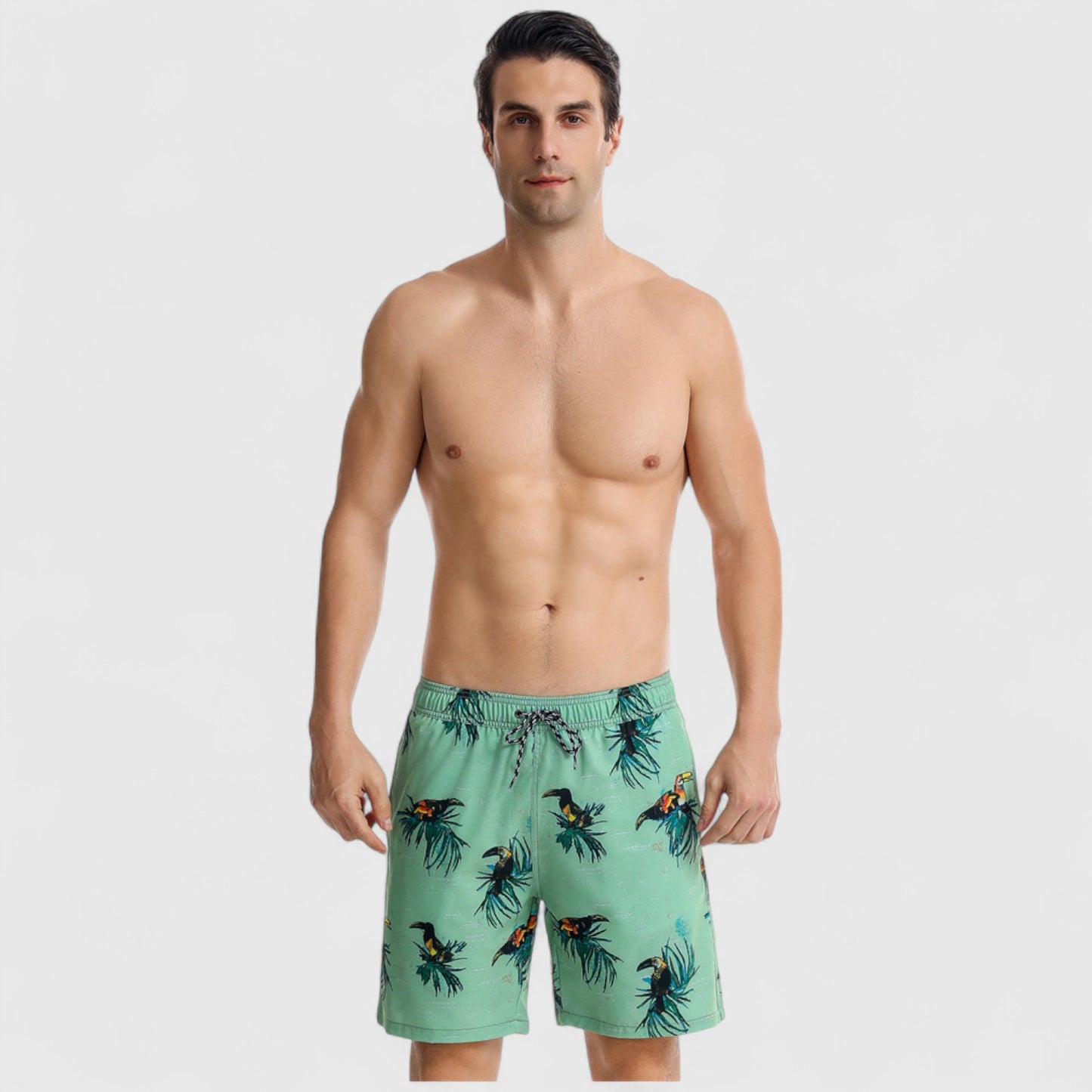 Men's Toucan Print Swim Shorts with Tropical Leaf Pattern and Adjustable Drawstring Waist