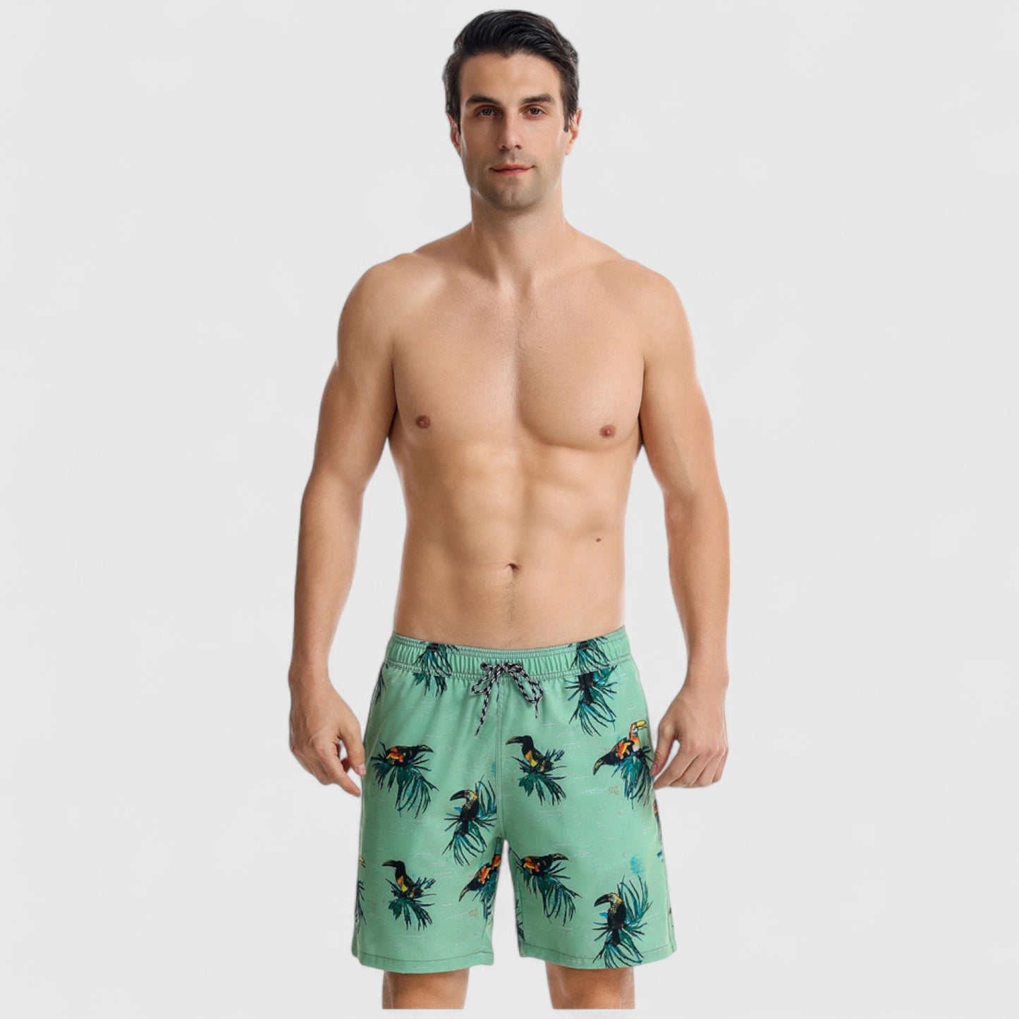 Men's Toucan Print Swim Shorts with Tropical Leaf Pattern and Adjustable Drawstring Waist