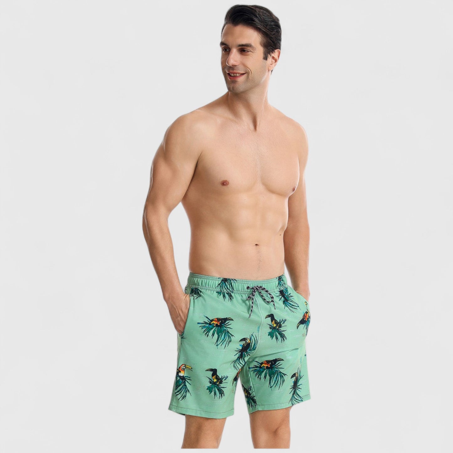 Men's Toucan Print Swim Shorts with Tropical Leaf Pattern and Adjustable Drawstring Waist