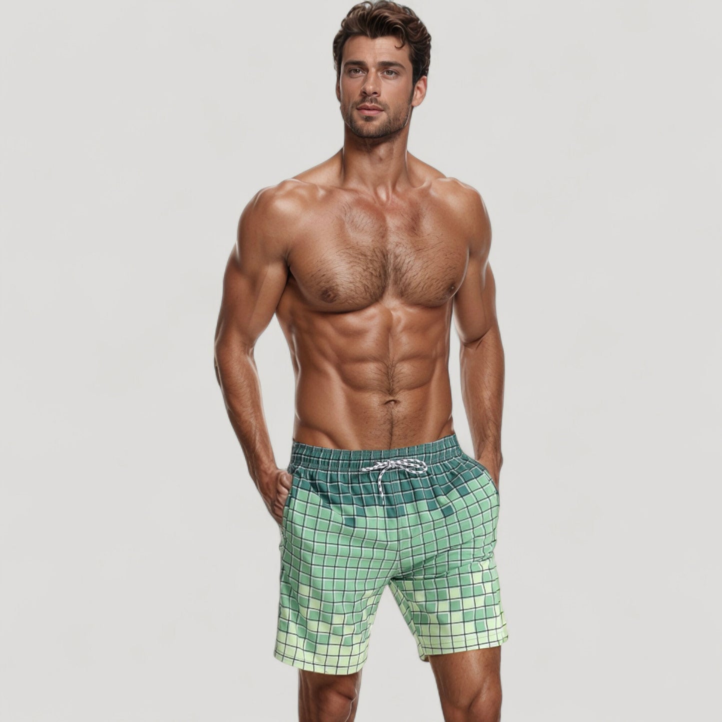 Men's Gradient Checkered Swim Trunks with Adjustable Drawstring Waistband and Quick-Dry Lightweight Fabric