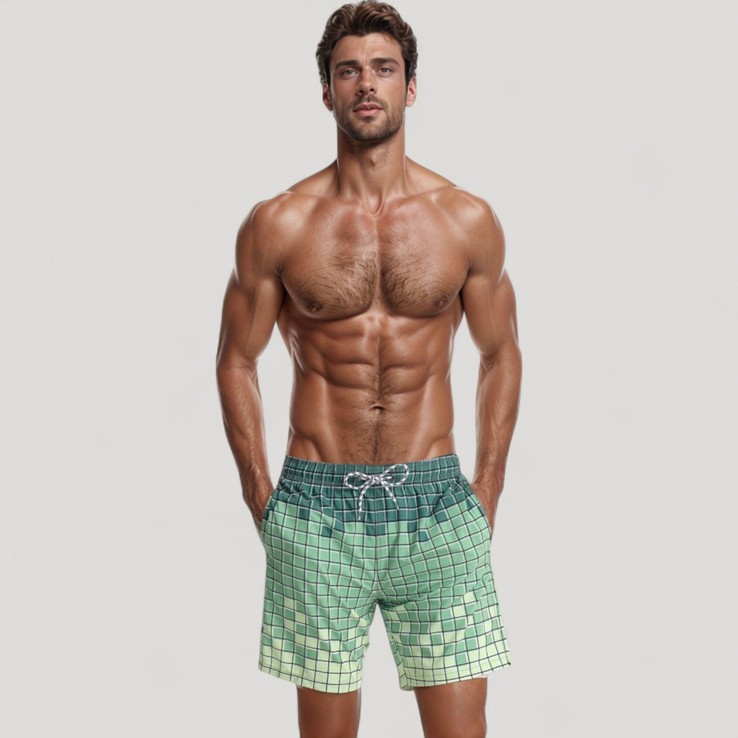Men's Gradient Checkered Swim Trunks with Adjustable Drawstring Waistband and Quick-Dry Lightweight Fabric