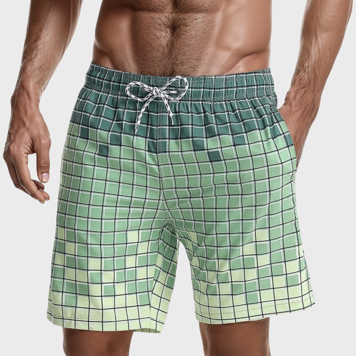 Men's Gradient Checkered Swim Trunks with Adjustable Drawstring Waistband and Quick-Dry Lightweight Fabric