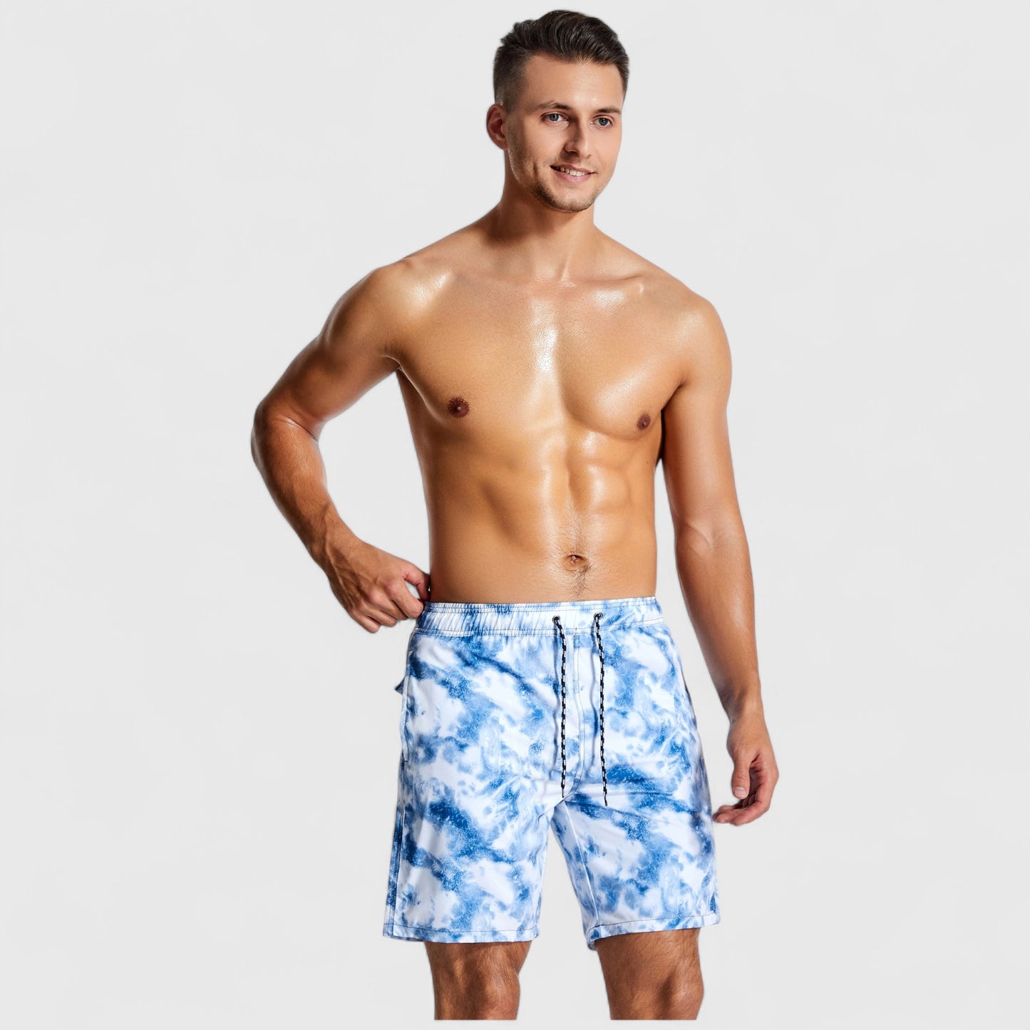 Men's Marble Tie-Dye Print Swim Shorts with Elastic Waistband and Adjustable Drawstring