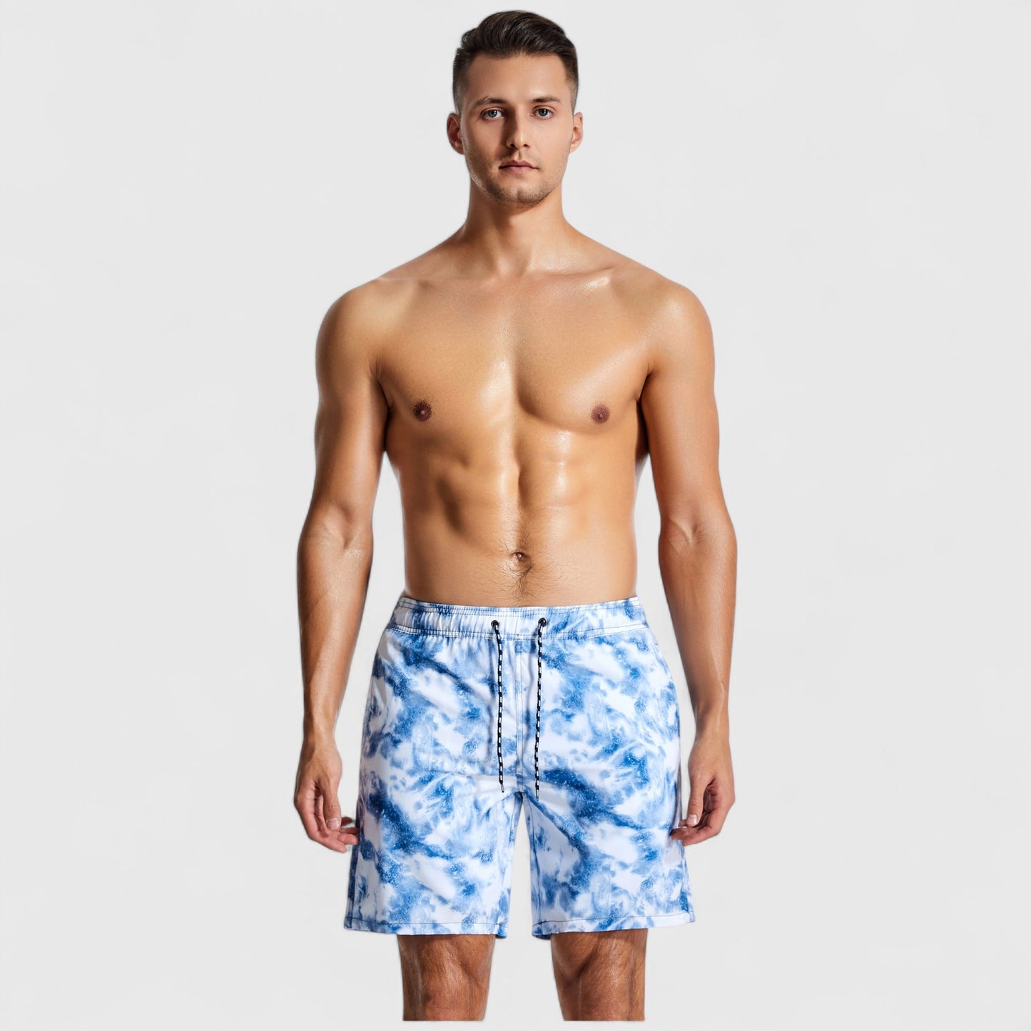 Men's Marble Tie-Dye Print Swim Shorts with Elastic Waistband and Adjustable Drawstring