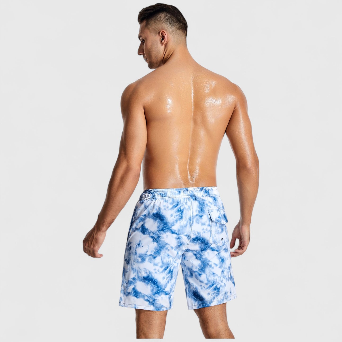 Men's Marble Tie-Dye Print Swim Shorts with Elastic Waistband and Adjustable Drawstring