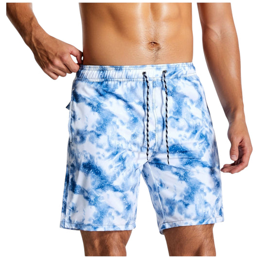 Men's Marble Tie-Dye Print Swim Shorts with Elastic Waistband and Adjustable Drawstring