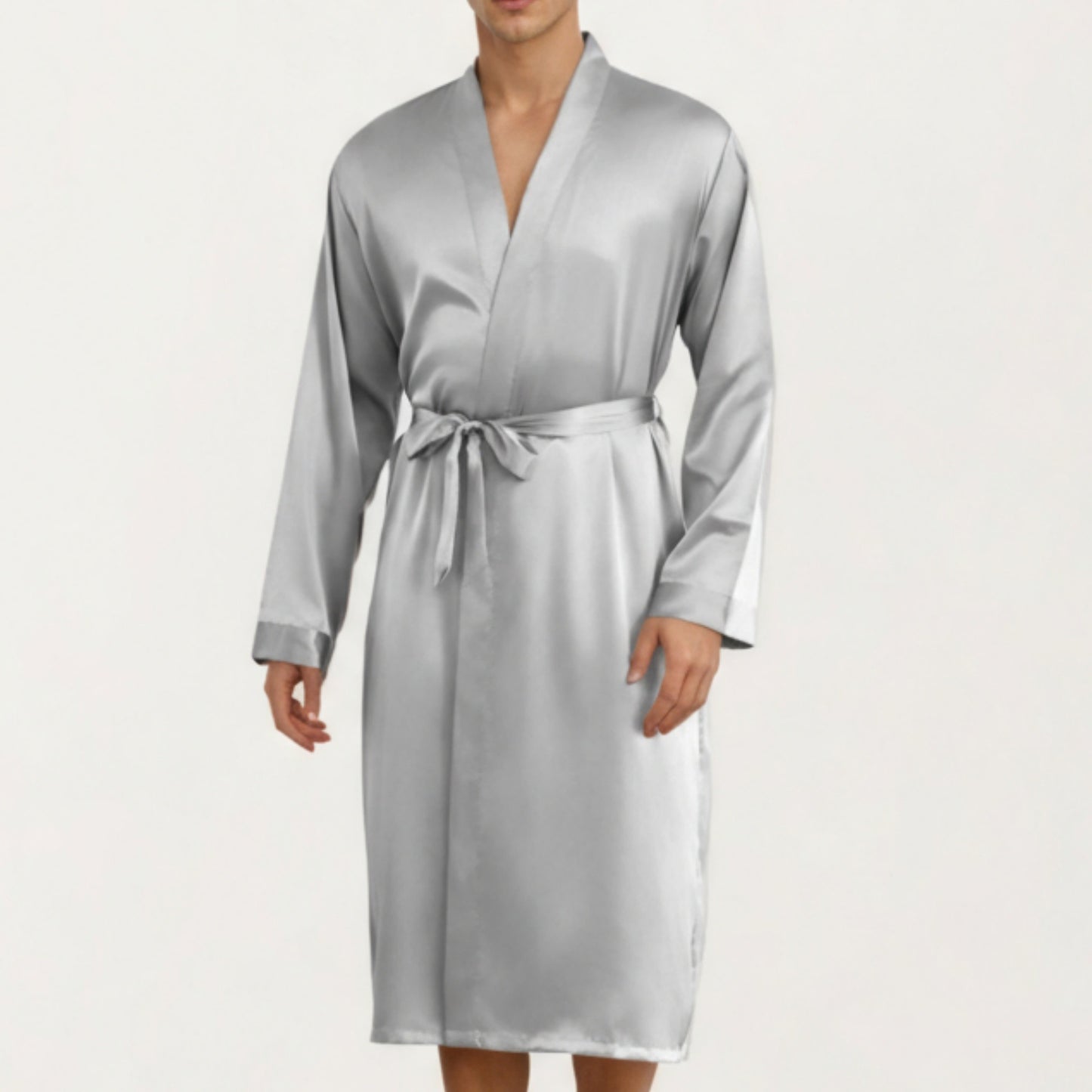 Men's Satin Robe with Classic Shawl Collar and Adjustable Waist Tie