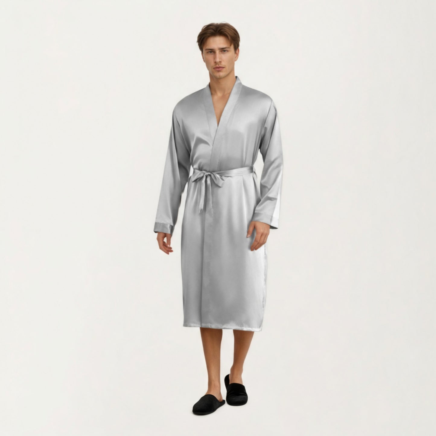 Men's Satin Robe with Classic Shawl Collar and Adjustable Waist Tie