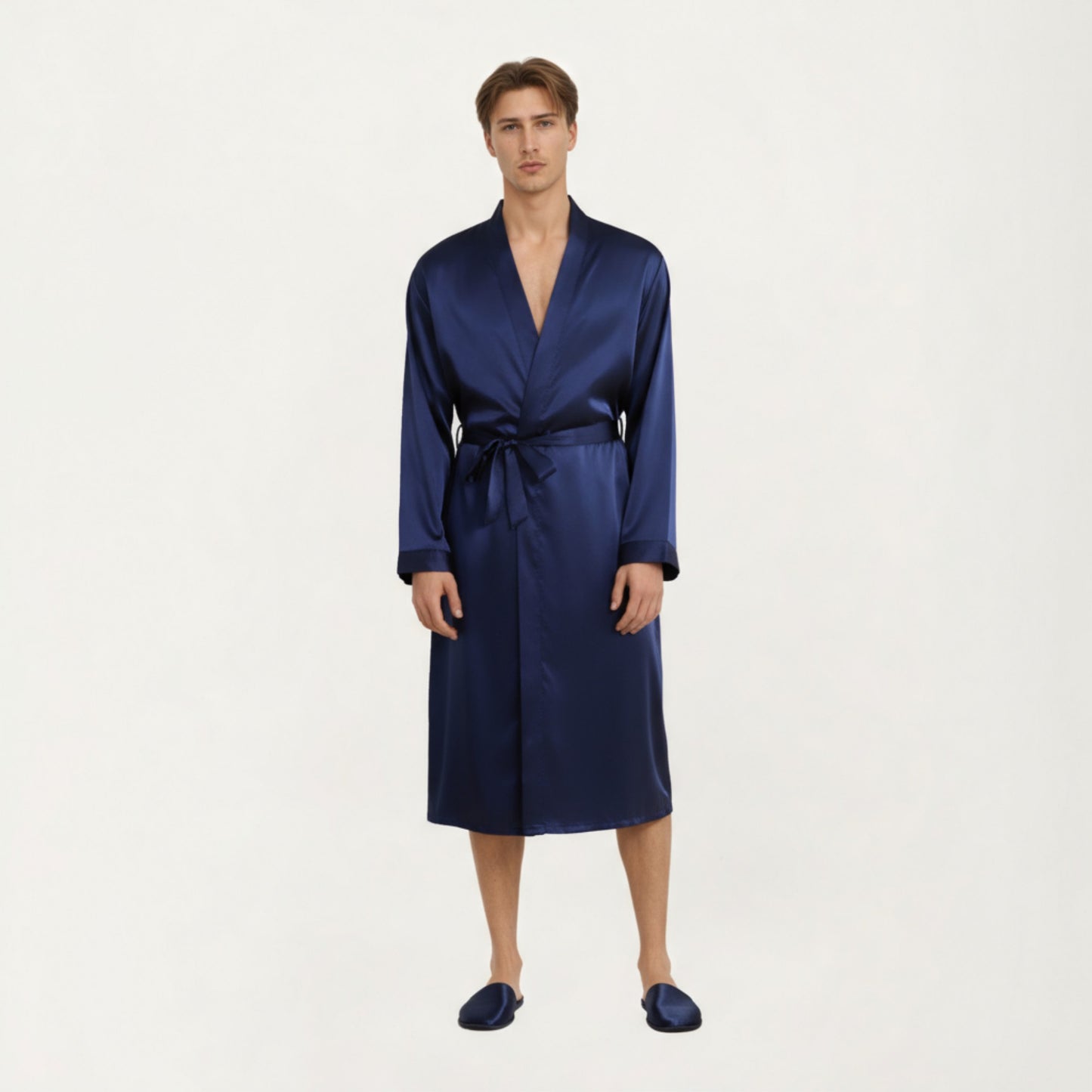Men's Satin Robe with Classic Shawl Collar and Adjustable Waist Tie