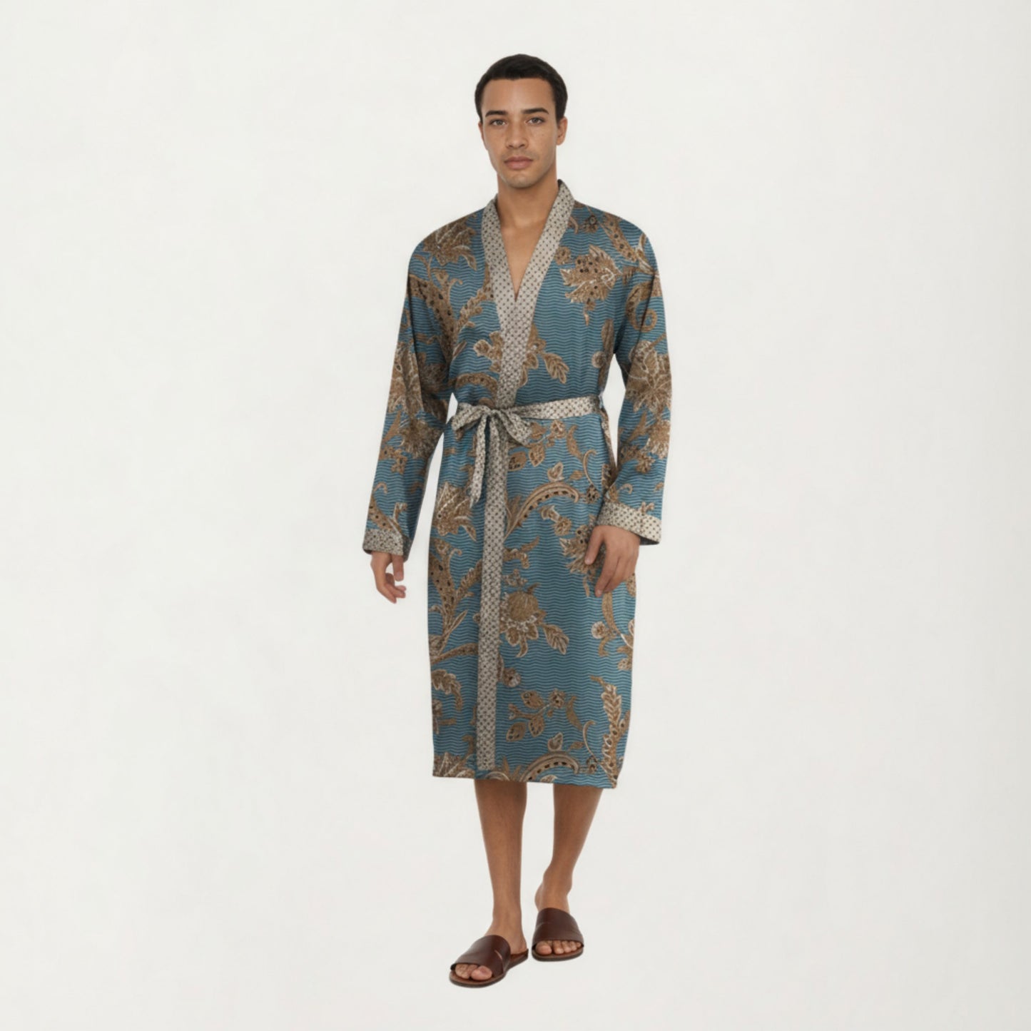 Men's Satin Robe with Floral Baroque Pattern and Contrast Trim Belt