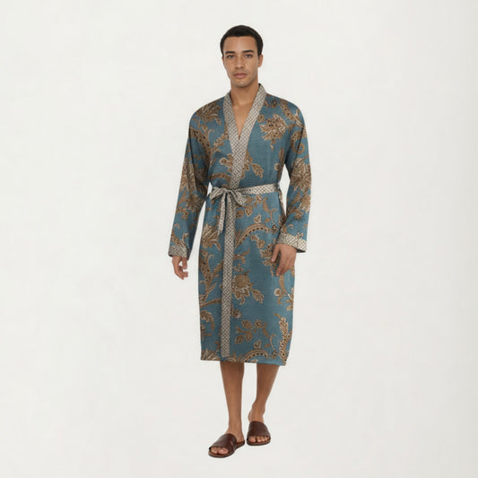 Men's Satin Robe with Floral Baroque Pattern and Contrast Trim Belt