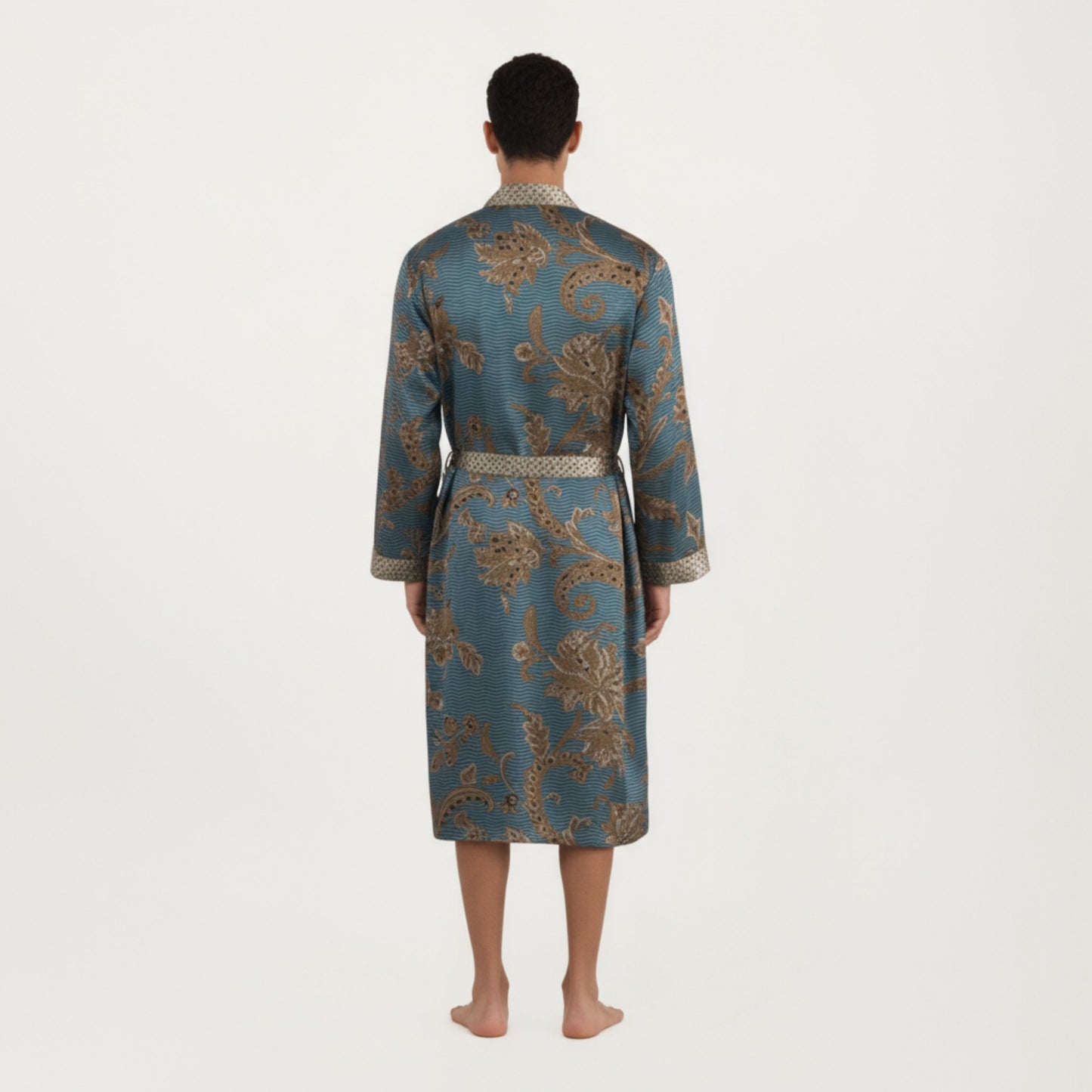 Men's Satin Robe with Floral Baroque Pattern and Contrast Trim Belt