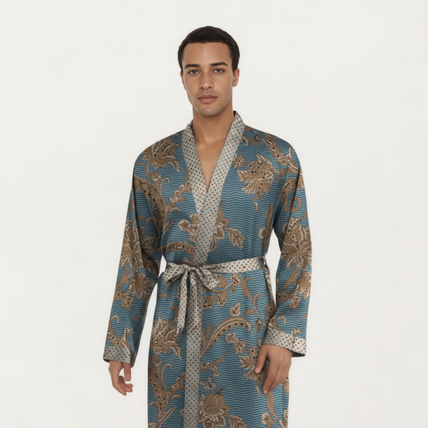 Men's Satin Robe with Floral Baroque Pattern and Contrast Trim Belt