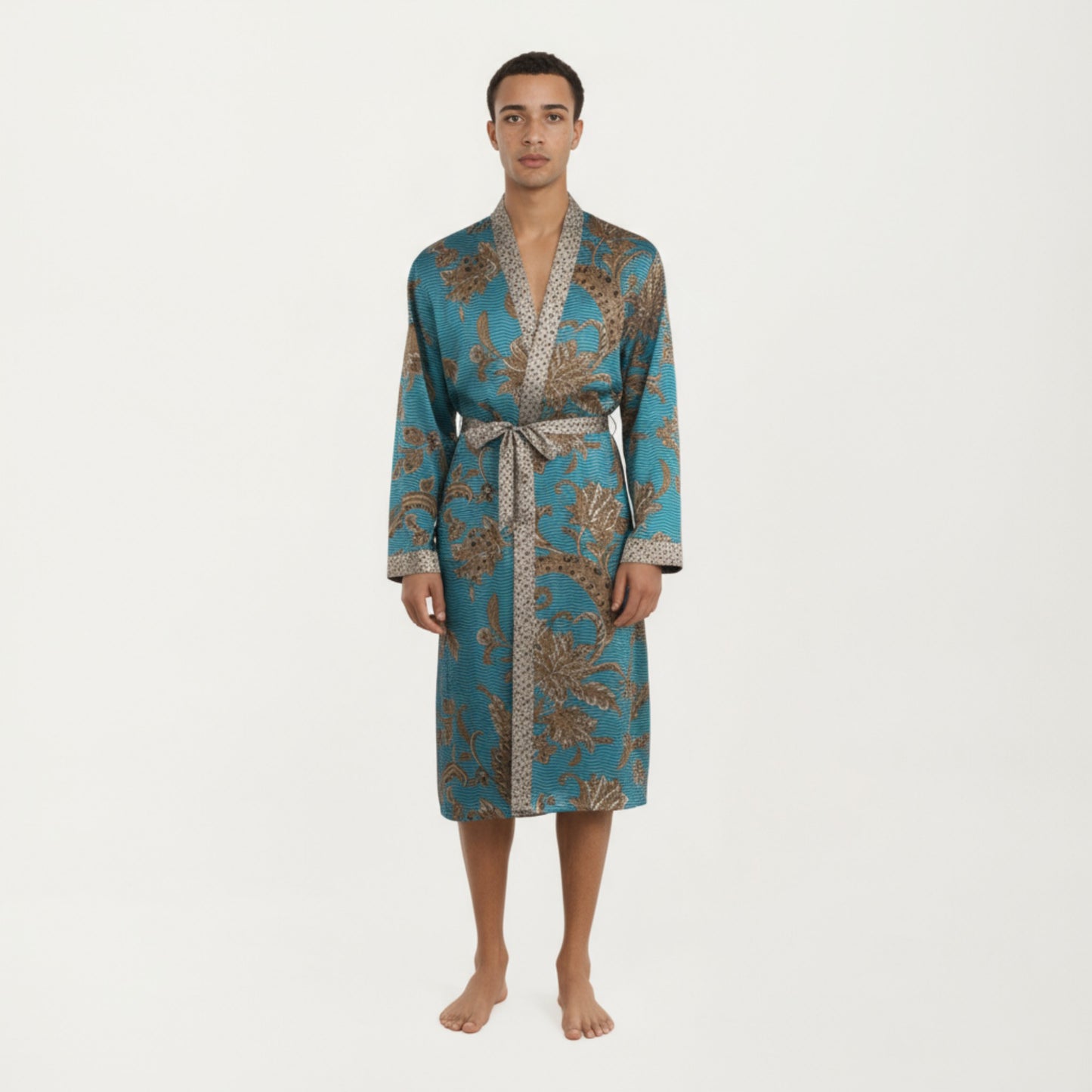 Men's Satin Robe with Floral Baroque Pattern and Contrast Trim Belt