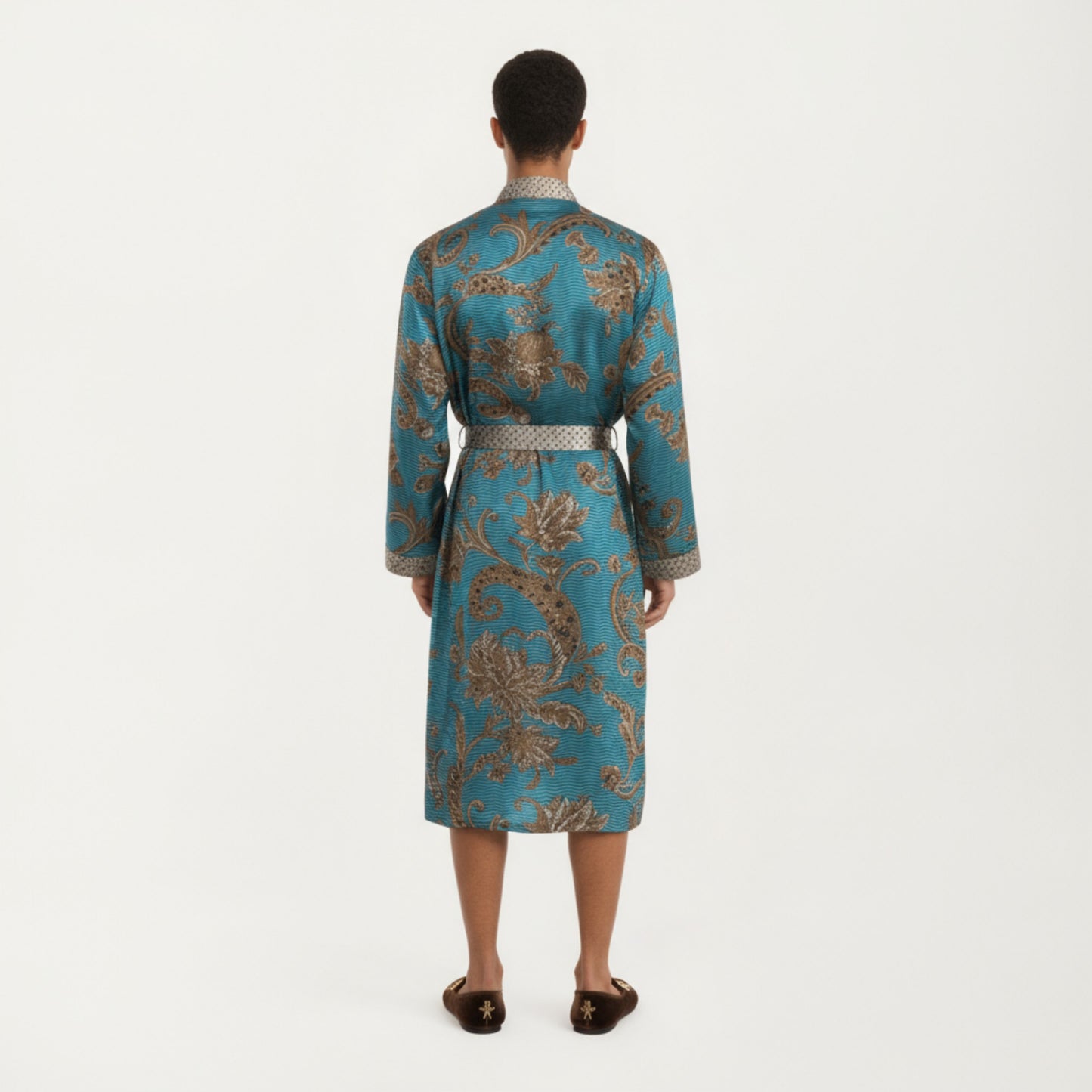 Men's Satin Robe with Floral Baroque Pattern and Contrast Trim Belt