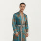 Men's Satin Robe with Floral Baroque Pattern and Contrast Trim Belt