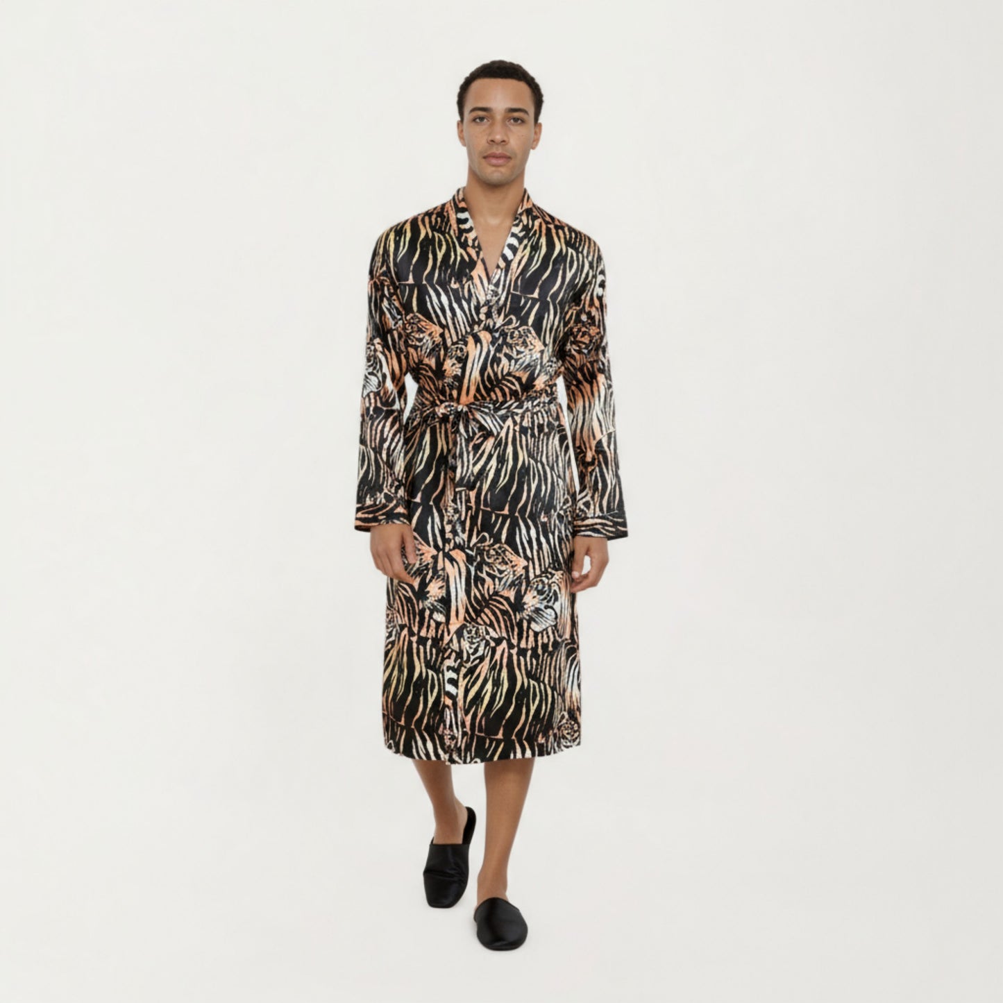 Men's Satin Robe with Tiger Print Design and Adjustable Waist Tie