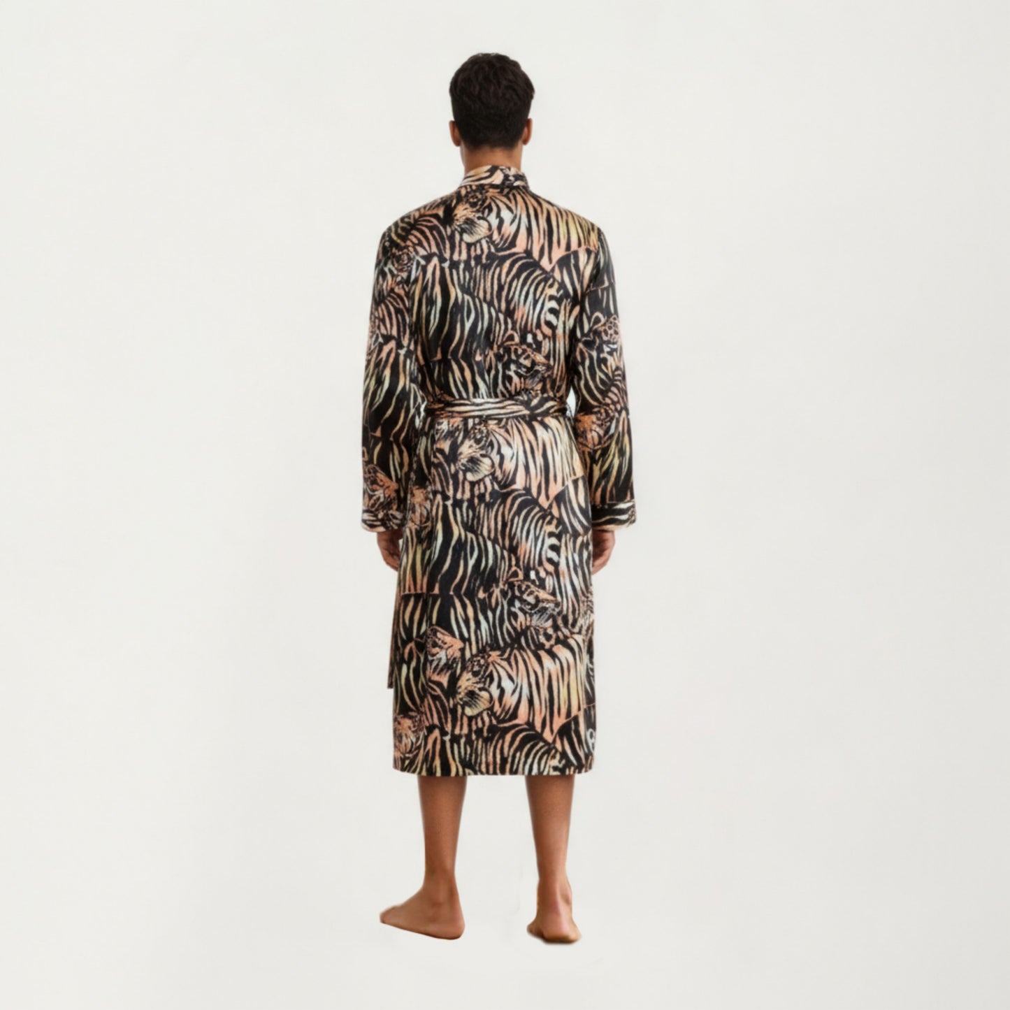 Men's Satin Robe with Tiger Print Design and Adjustable Waist Tie