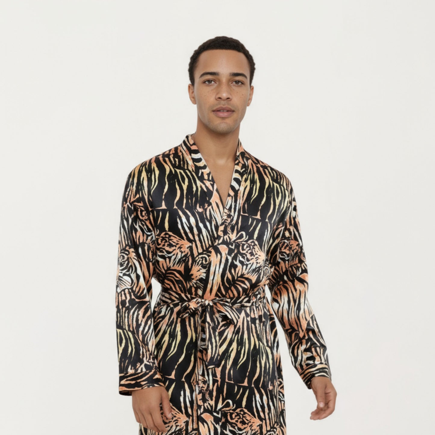 Men's Satin Robe with Tiger Print Design and Adjustable Waist Tie