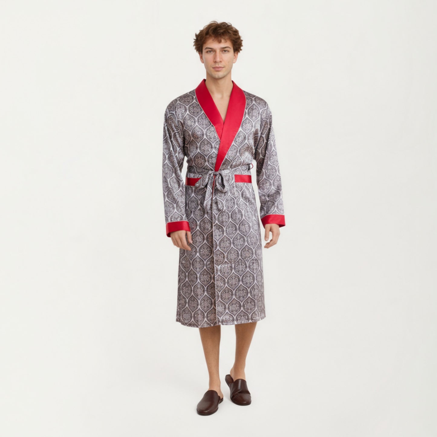Men's Satin Robe with Ornate Medallion Pattern and Contrast Trim Details