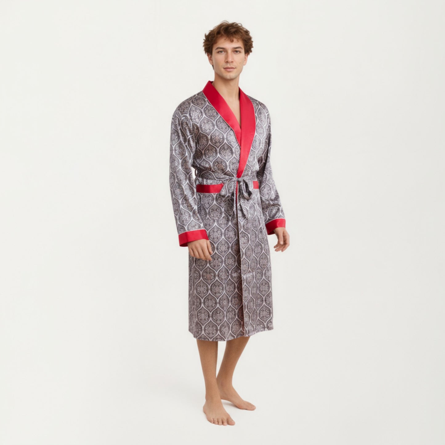 Men's Satin Robe with Ornate Medallion Pattern and Contrast Trim Details