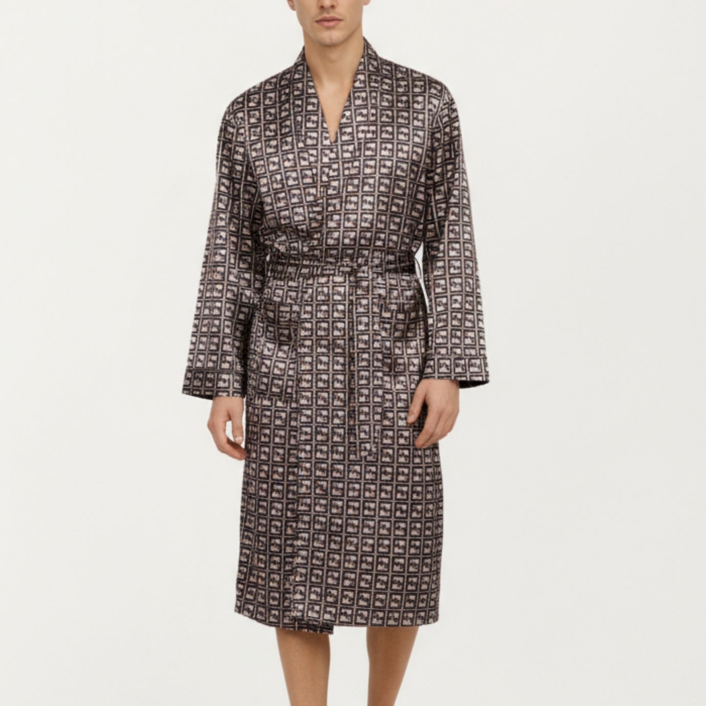 Men's Satin Robe with Geometric Square Pattern and Waist Tie Belt
