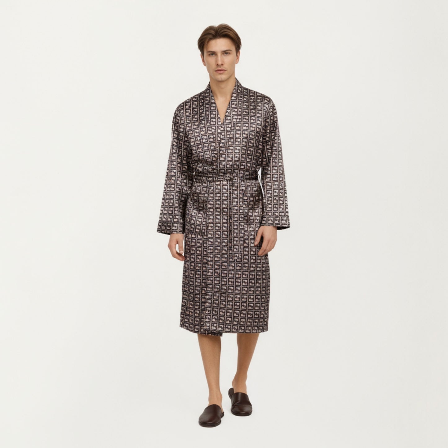 Men's Satin Robe with Geometric Square Pattern and Waist Tie Belt