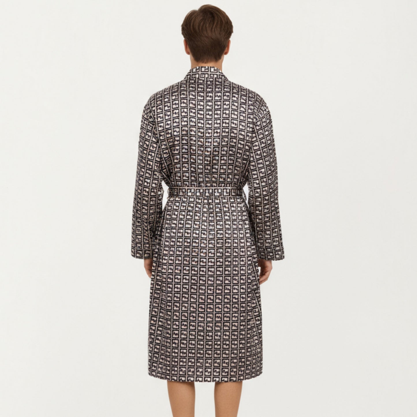 Men's Satin Robe with Geometric Square Pattern and Waist Tie Belt