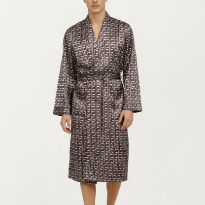 Men's Satin Robe with Geometric Square Pattern and Waist Tie Belt