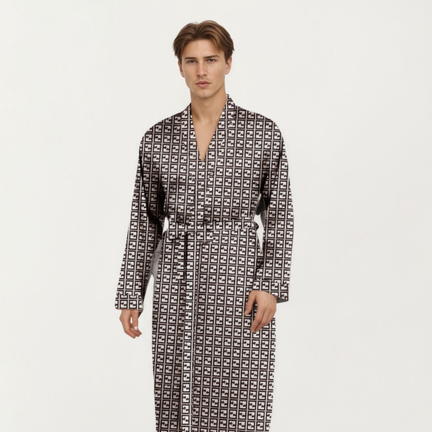 Men's Satin Robe with Geometric Square Pattern and Waist Tie Belt